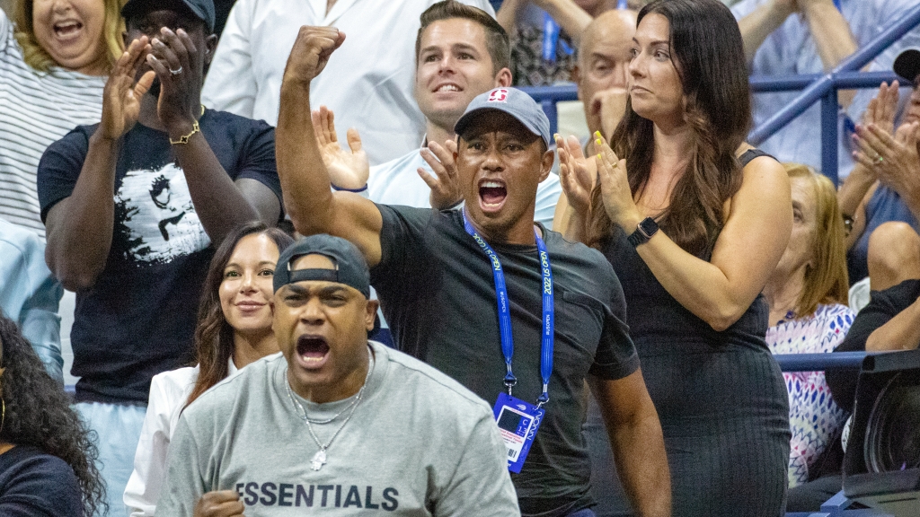 Tiger Woods is pumped cheering for Serena Williams at the U.S. Open