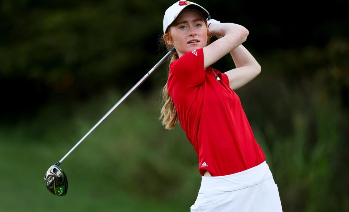 Carmen Griffiths watches after she drove the ball