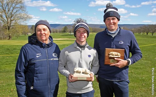 Penn State mens golf head coach Greg Nye presents James Allen, center, won the individual title trophy at the 45th-annual Rutherford Intercollegiate, while Patrick Sheehan, right, was runner-up on Saturday at Penn States Blue Course on April 17, 2022. Photo/Craig Houtz
