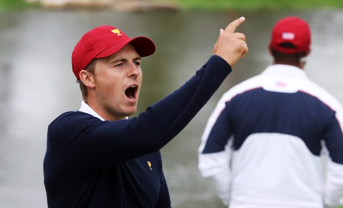 JERSEY CITY, NJ - SEPTEMBER 30: Jordan Spieth of the U.S. Team reacts on the 12th green during Saturday four-ball matches of the Presidents Cup at Liberty National Golf Club on September 30, 2017 in Jersey City, New Jersey. (Photo by Sam Greenwood/Getty Images)