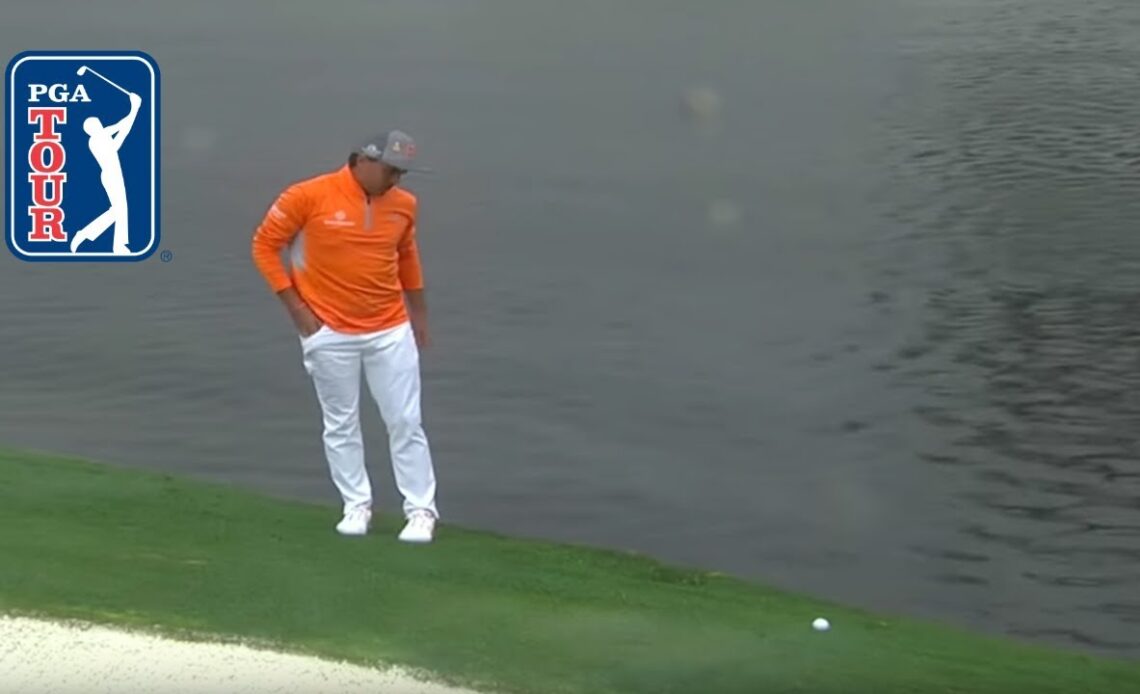 Rickie Fowler's ball rolls back into water after drop | Waste Management 2019