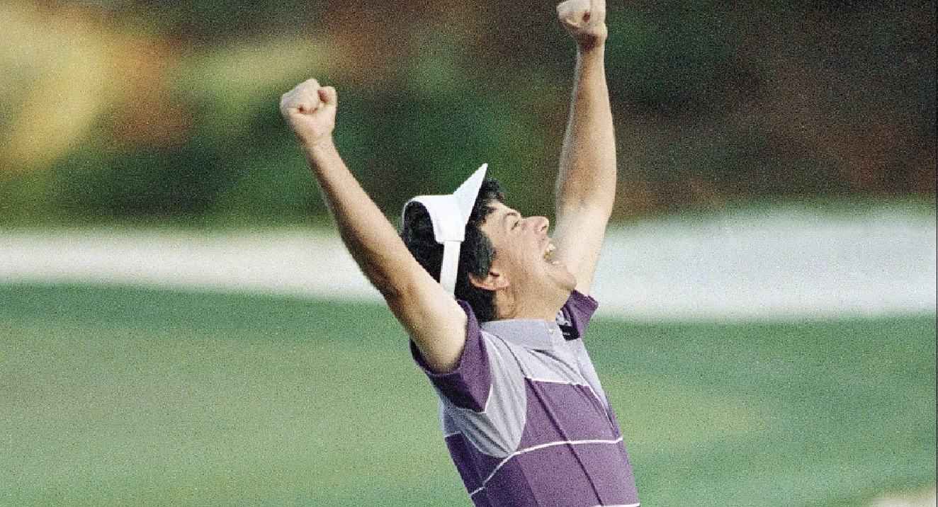 Larry Mize celebrates his chip-in birdie on No. 11 to beat Greg Norman in a Masters playoff in 1987.