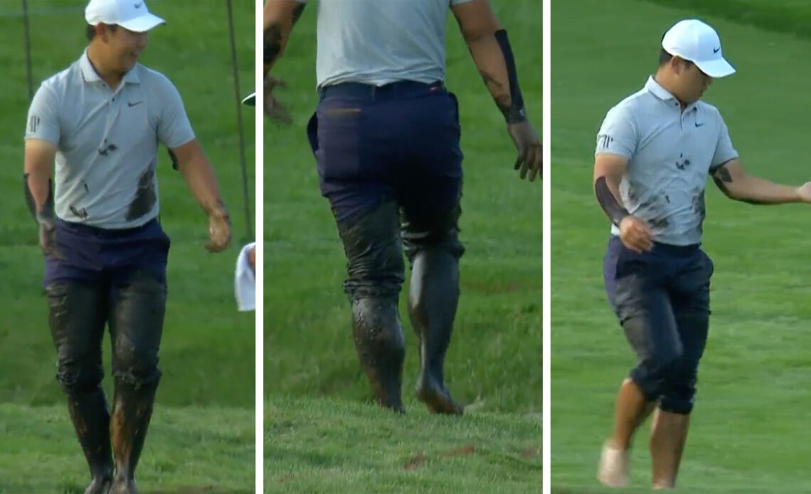 WATCH: Tom Kim Gets Caked In Mud After Falling In Ditch At PGA Championship