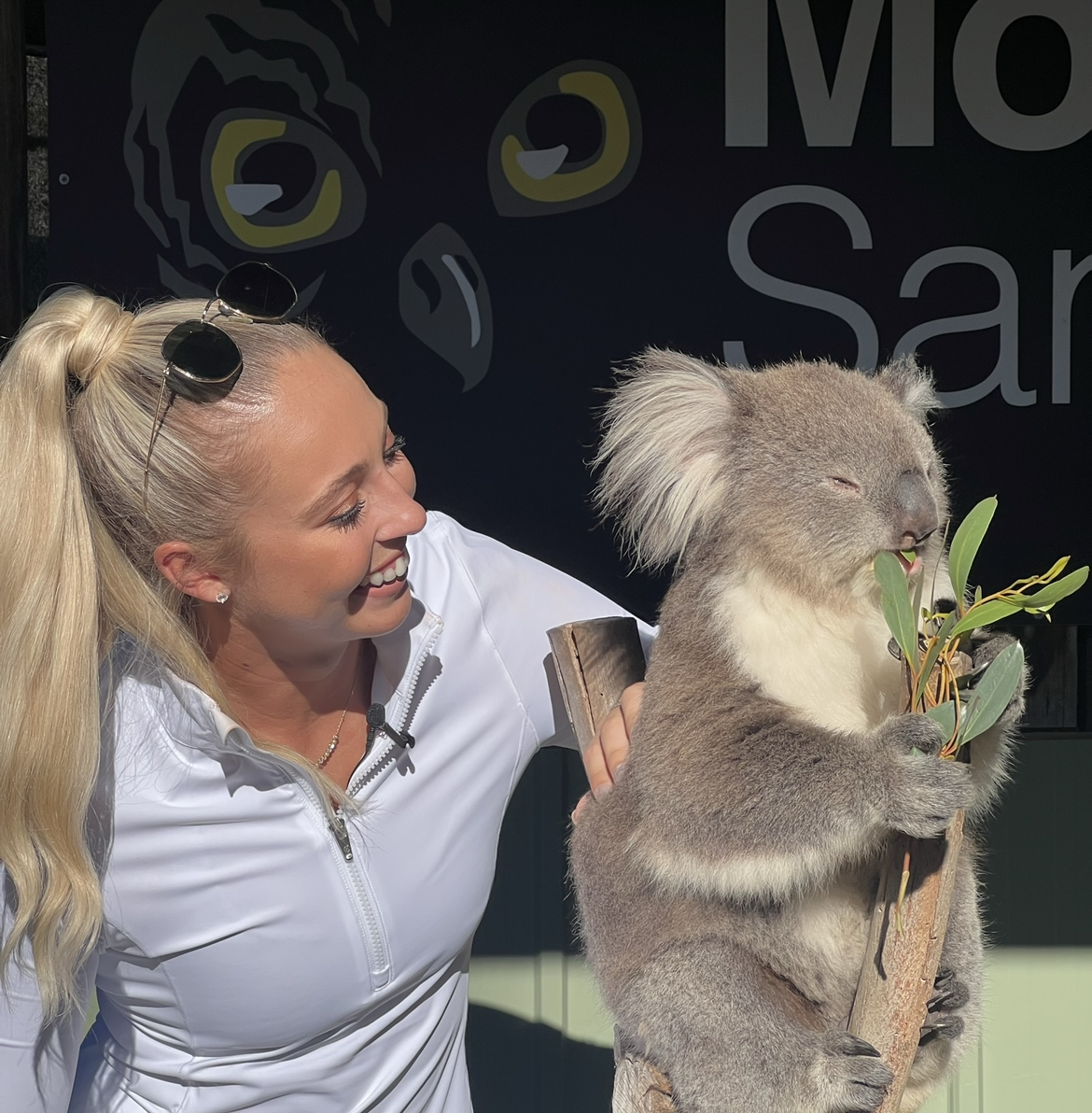 Averee Dovsek pets a koala at the Moonlit Sanctuary