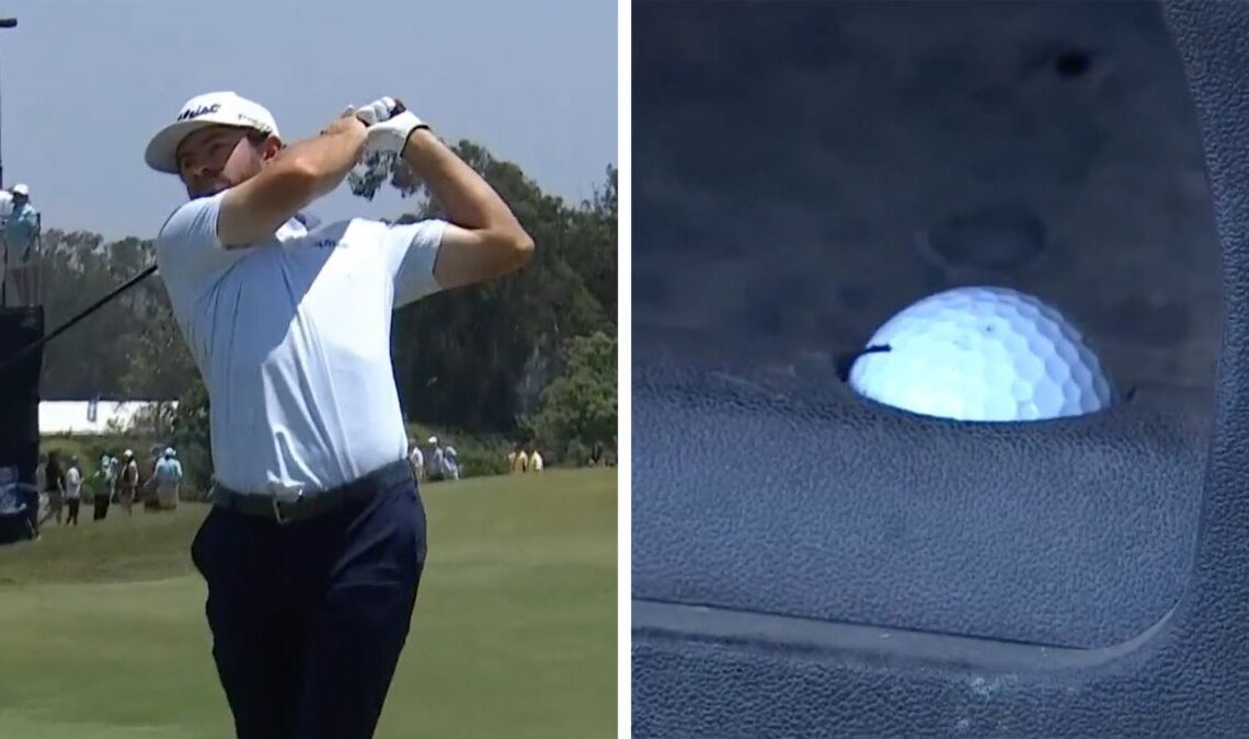 WATCH: Cameron Young Wayward Drive Finishes In Cart Golf Ball Holder
