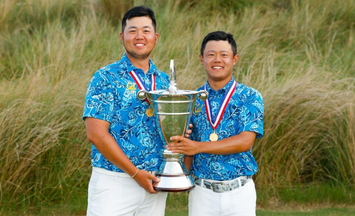 Sampsonyunhe Zheng, left, and Aaron Du pose with the U.S. Amateur Four-Ball Championship Trophy after winning the 2023 U.S. Amateur Four-Ball at Kiawah Island Club (Cassique) in Kiawah Island, S.C. on Wednesday, May 24, 2023. (Chris Keane/USGA)
