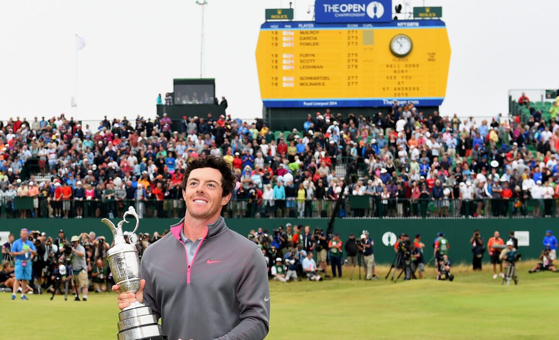 Rory McIlroy celebrates with the Claret Jug after his two-stroke victory after the final round of The 143rd Open Championship at Royal Liverpool on July 20, 2014 in Hoylake, England. (Photo by Ross Kinnaird/R&A/R&A via Getty Images)