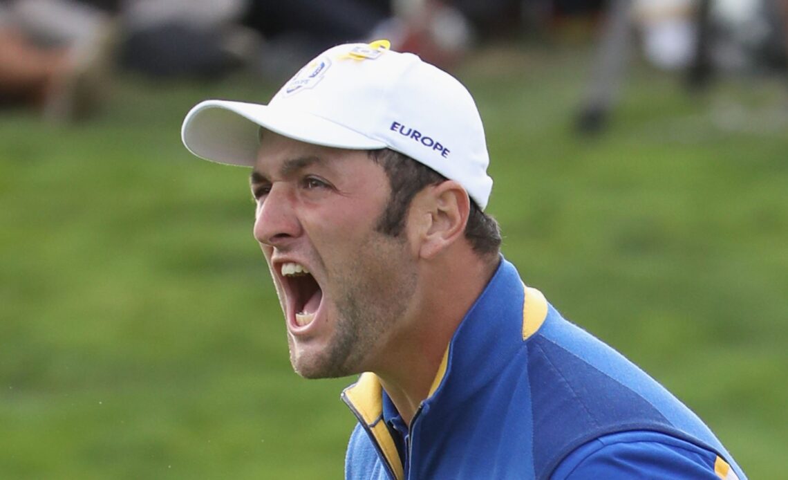 PARIS, FRANCE - SEPTEMBER 30: Jon Rahm of Europe celebrates winning his match on the 17th during singles matches of the 2018 Ryder Cup at Le Golf National on September 30, 2018 in Paris, France. (Photo by Christian Petersen/Getty Images)