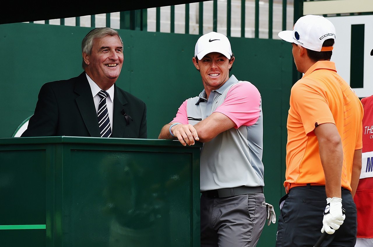Ivor Robson, with Rory McIlroy and Rickie Fowler
