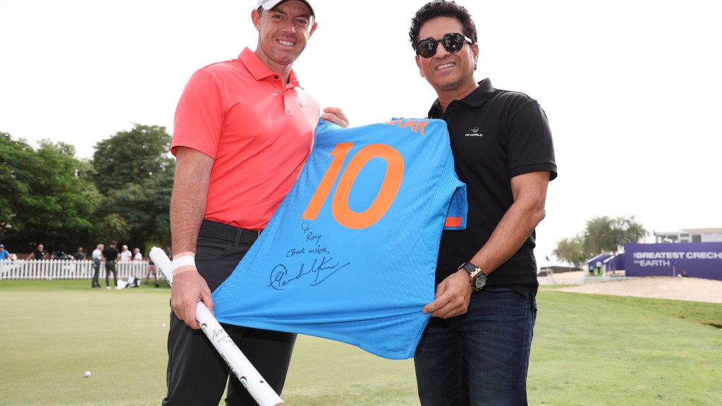 Rory McIlroy meets Sachin Tendulkar at the DP World Tour Championship