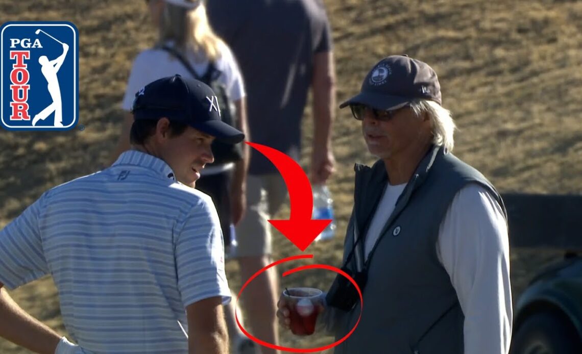 Adam Schenk makes birdie after his approach lands in a fan's drink at The American Express