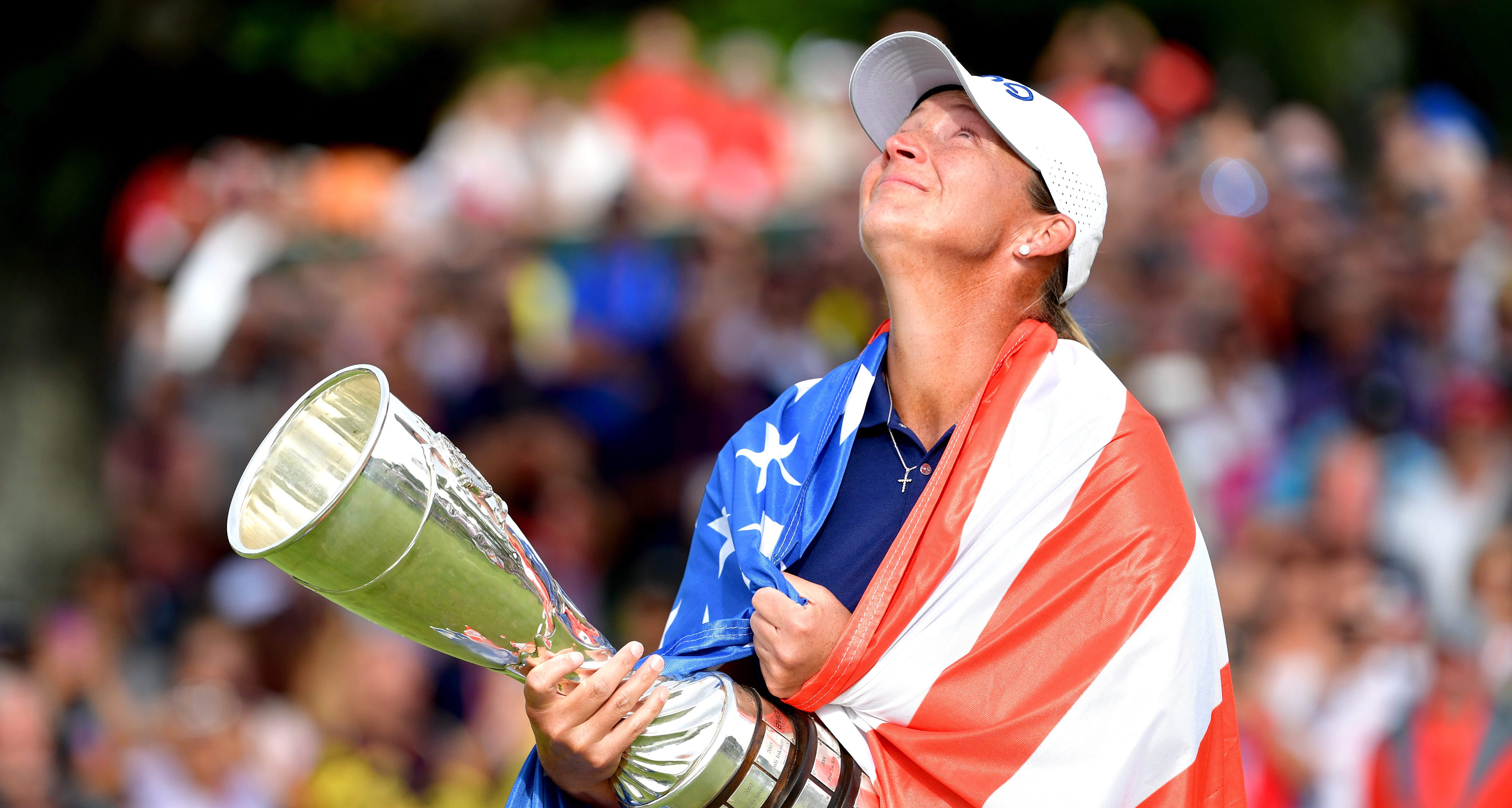 EVIAN-LES-BAINS, FRANCE - SEPTEMBER 16: Angela Stanford of the United States celebrates winning the Evian Championship with the trophy during Day Four of The Evian Championship 2018 at Evian Resort Golf Club on September 16, 2018 in Evian-les-Bains, France. (Photo by Stuart Franklin/Getty Images)