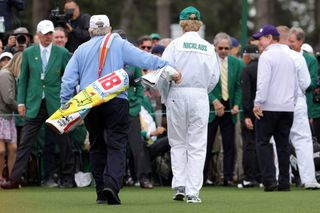 Jack Nicklaus shows off his 'Flag Bag' at the 2024 Masters