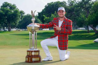 Emiliano Grillo with the trophy after winning the 2023 Charles Schwab Challenge