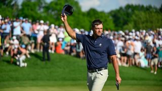 Bryson DeChambeau celebrates after finishing the 2024 PGA Championship