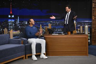 Tiger Woods chats to Jimmy Fallon on The Tonight Show in April 2024