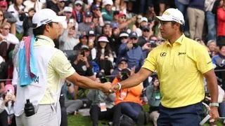 Shota Hayafuji and Hideki Matsuyama celebrate after victory at the Genesis Invitational