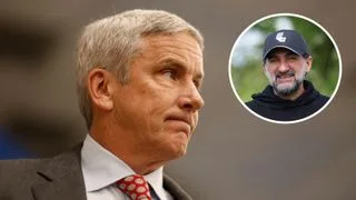 Main image of Jay Monahan looking to the right while inset photo shows PIF chair Yasir Al-Rumayyan wearing a black LIV Golf cap