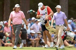 Neal Shipley of The United States (L) walks off the tee on the second hole with his fellow amateur playing partner Luke Clanton of The United States during the final round of the 2024 U.S. Open Championship on the No.2 Course at The Pinehurst Resort on June 16, 2024 in Pinehurst, North Carolina.
