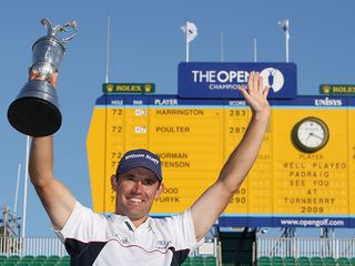 Padraig Harrington celebrating with the Claret Jug after successfully defending his title at the Open Championship in 2008