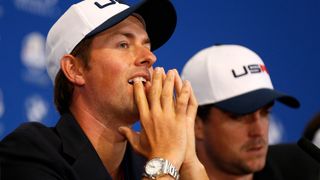 Webb Simpson and Keegan Bradley at a 2014 Ryder Cup press conderence
