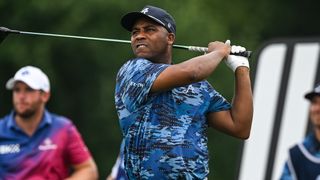 Harold Varner III takes a tee shot at LIV Golf Nashville