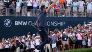 Keegan Bradley pumps his fist after his BMW Championship victory