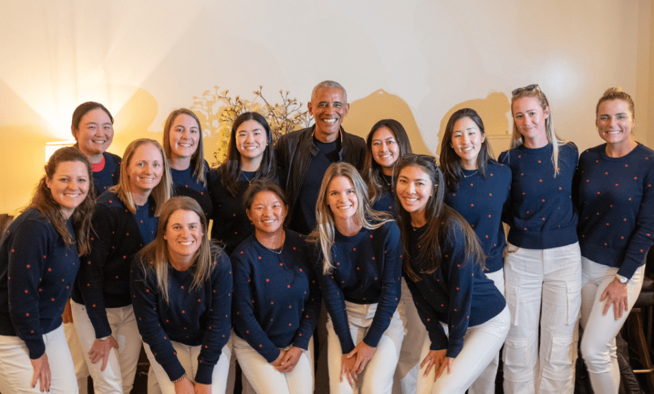 Former President Barack Obama visits United States Solheim Cup team