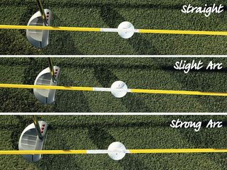 Examples of three different putting strokes (straight, slight arc, strong arc) using a putter, a golf ball and an alignment stick