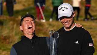 Tom Ayling and Rasmus Hojgaard joking after the Amgen Irish Open