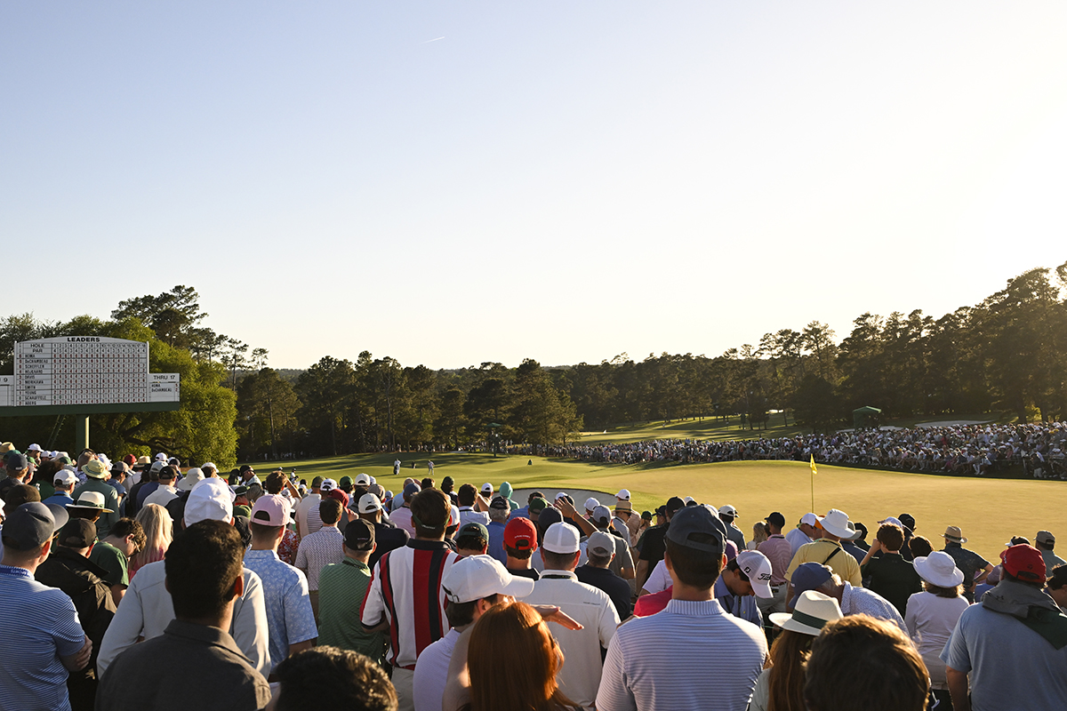 Patrons surrounding the 18th green at Augusta National during The Masters