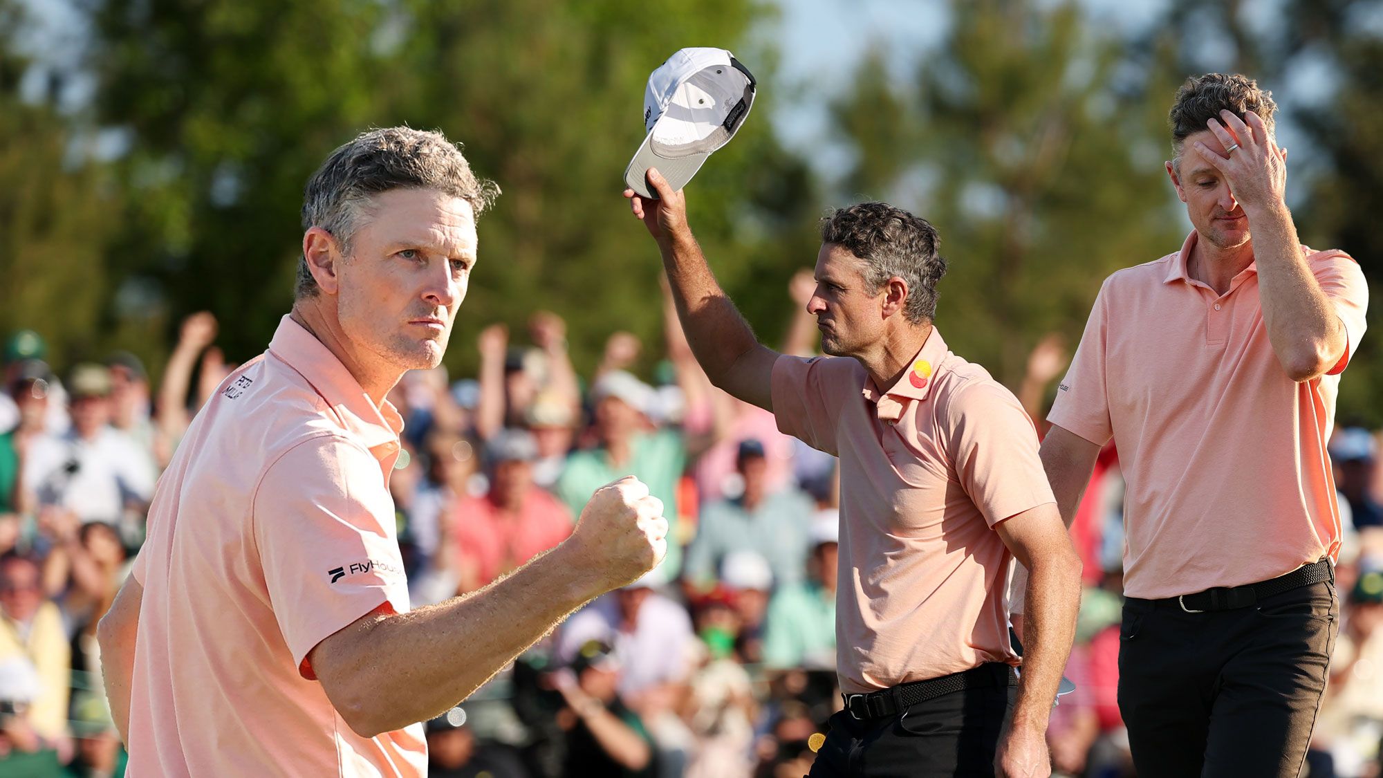Justin Rose raising his hat above his head to thank the patrons who supported him at The Masters, with two other images of Justin Rose clenching his fist in celebration of a birdie putt and holding his head in anguish after missing out in a playoff at The Masters for a second time in his career