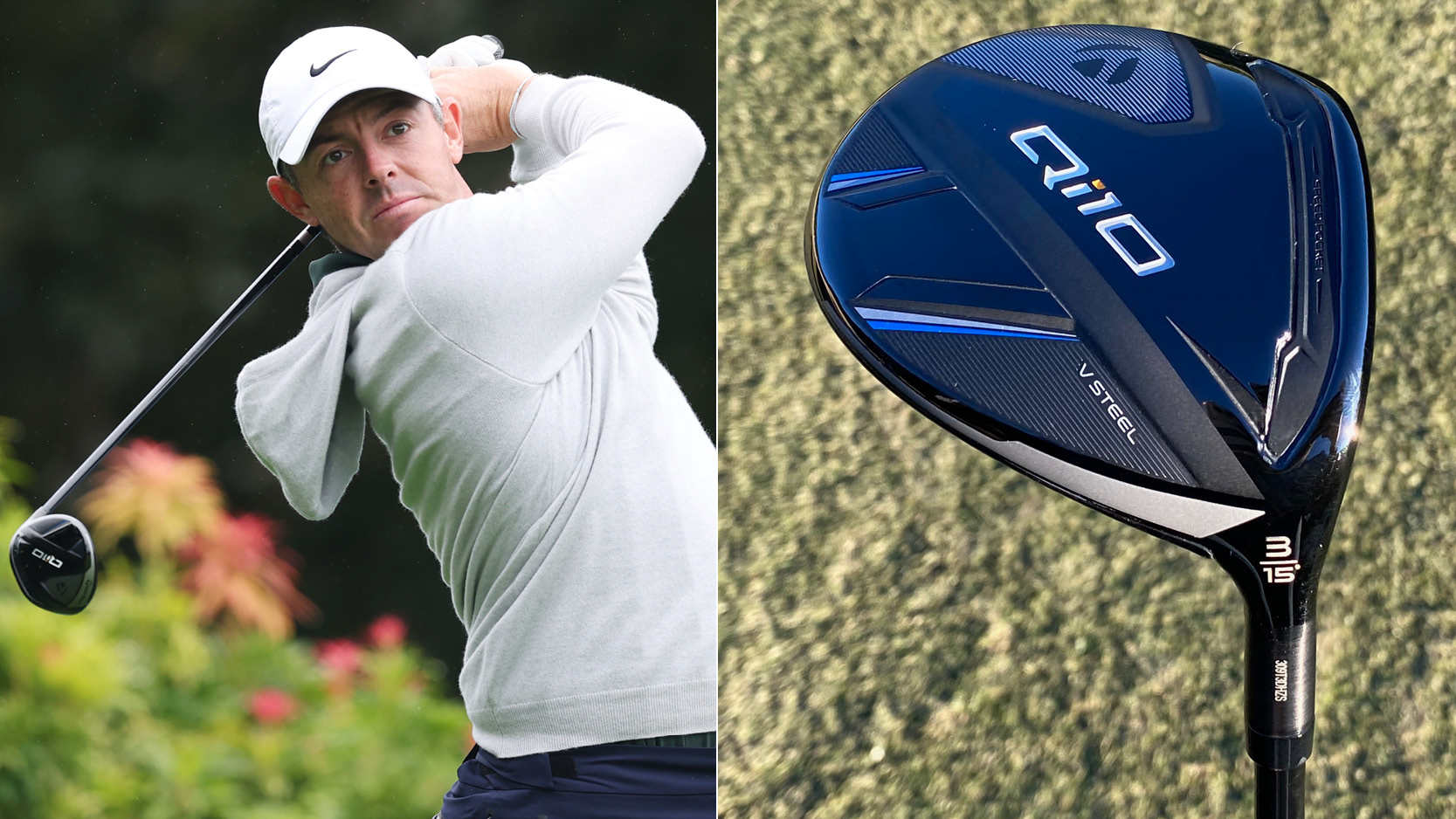 Rory McIlroy hits a fairway wood, with a close up of it