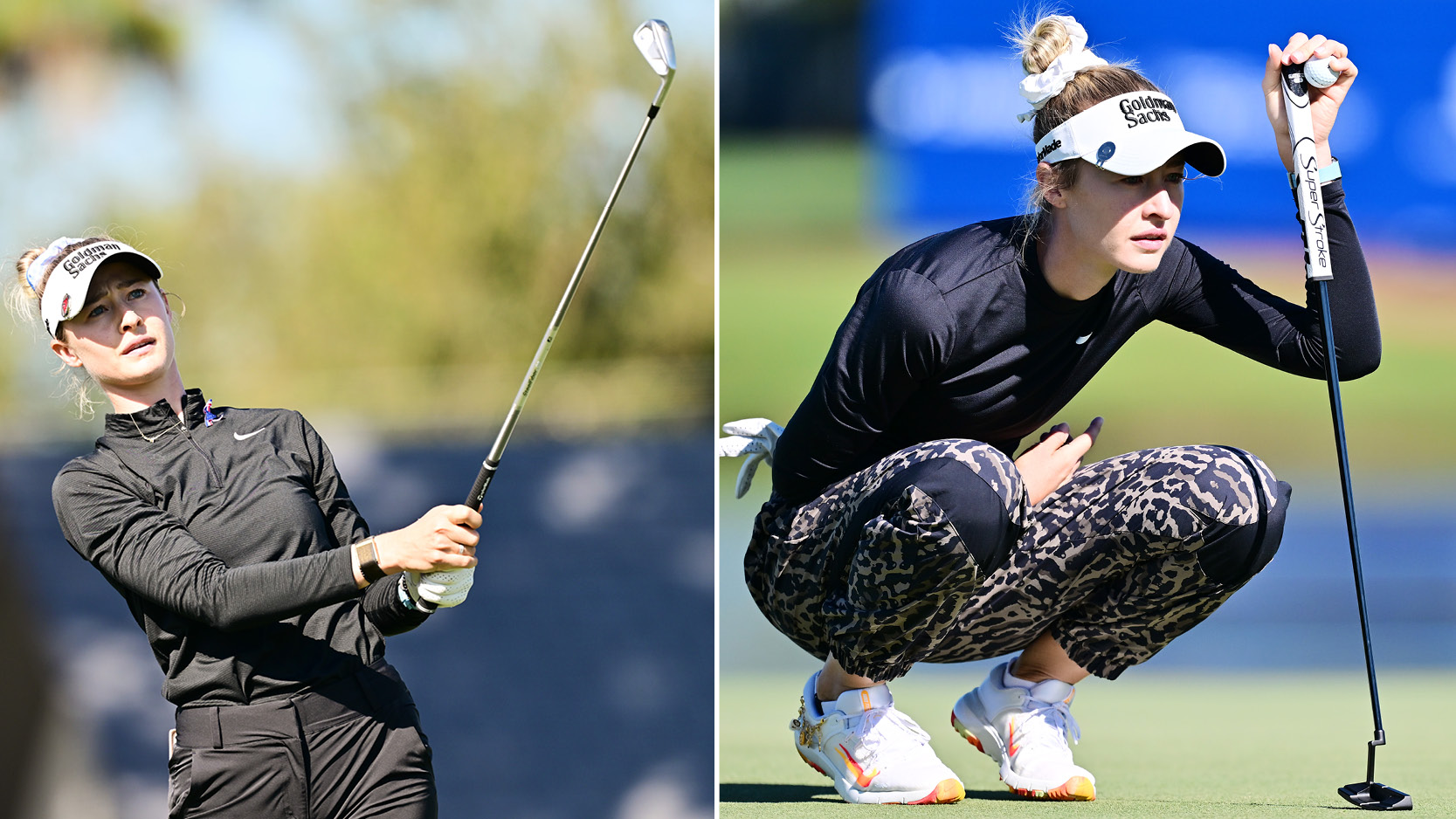 Nelly Korda hits an iron shot and lines up a putt