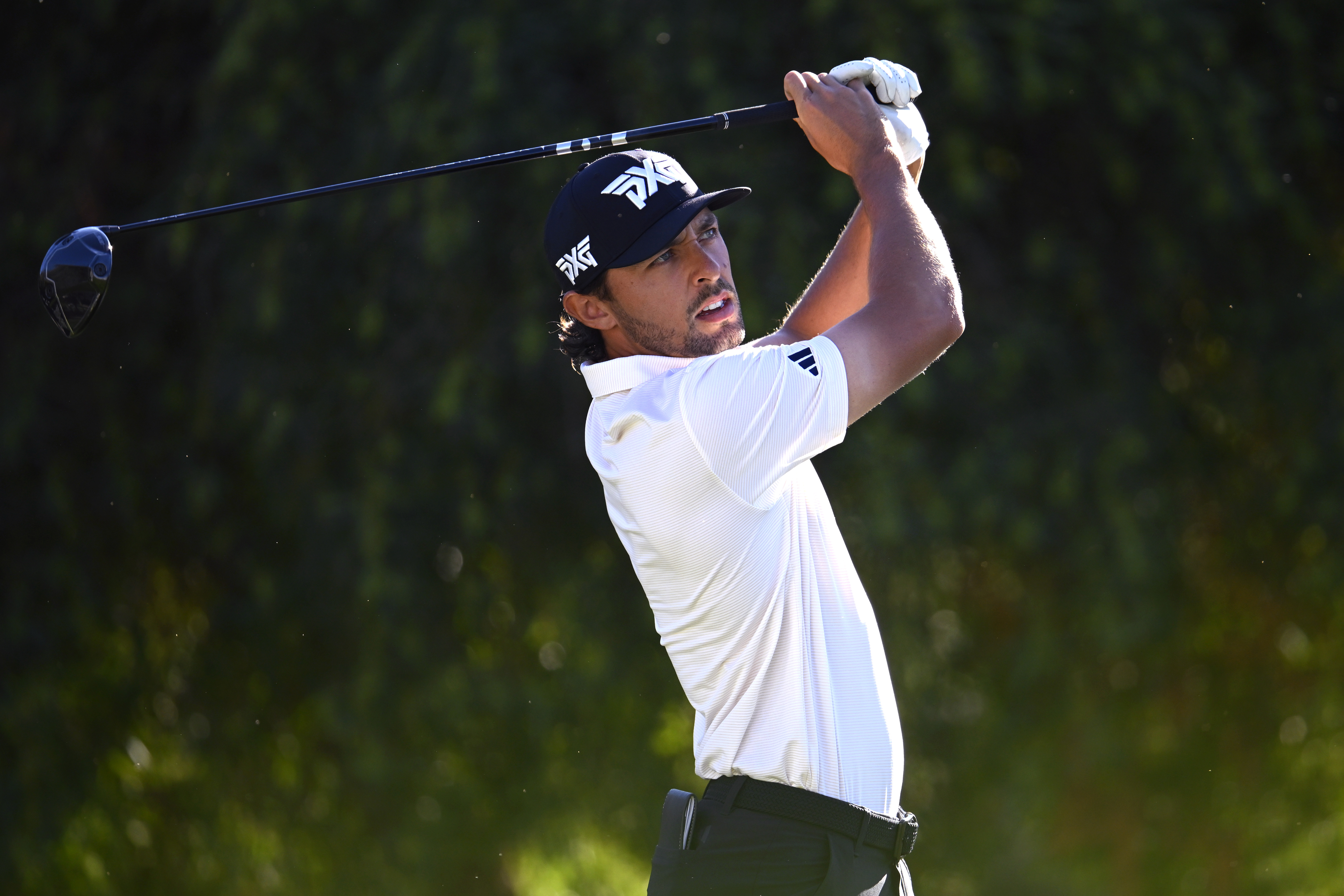 Marco Penge hits a driver off the tee