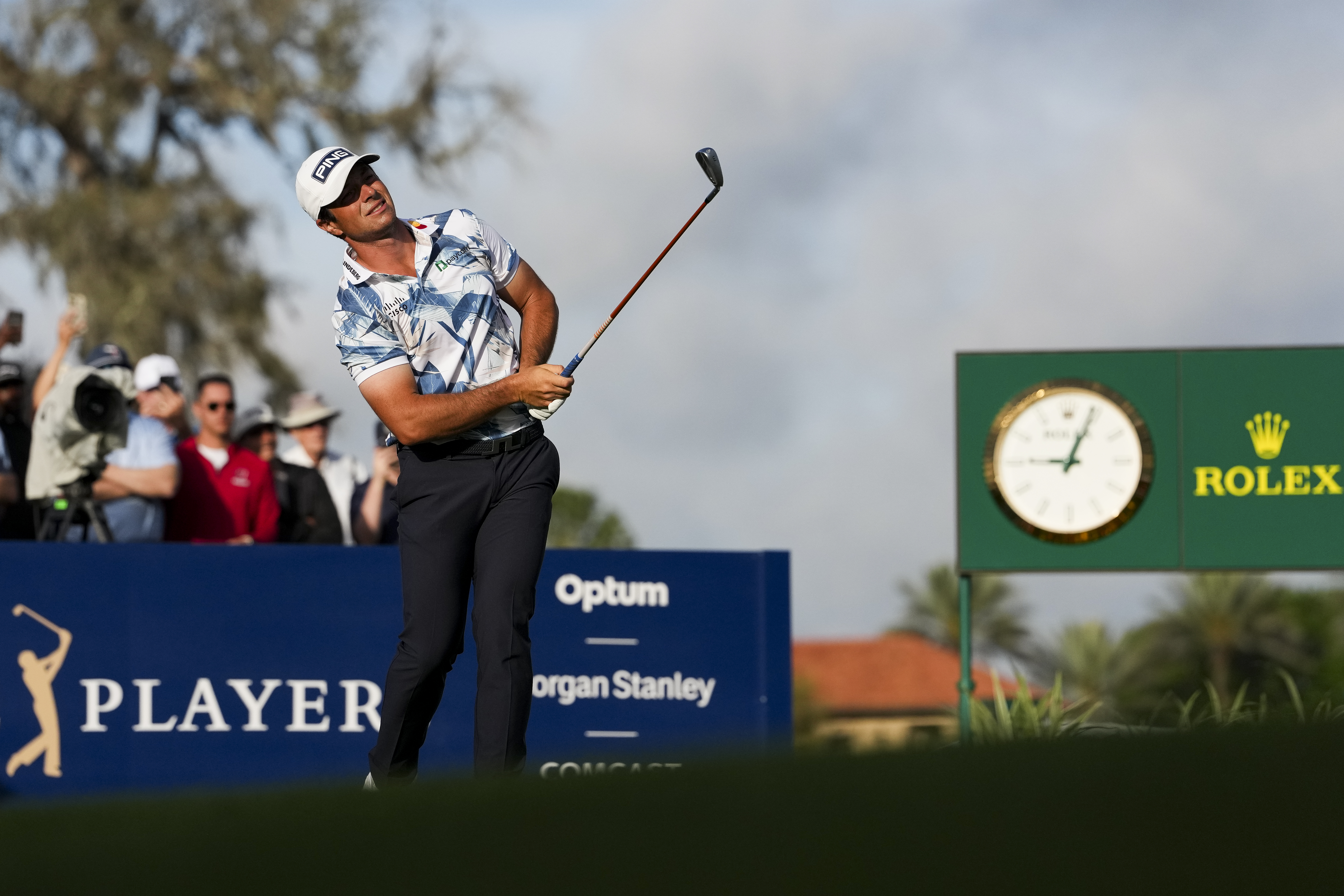 Viktor Hovland hits a tee shot on the 10th hole during the first round of The Players Championship at Stadium Course at TPC Sawgrass