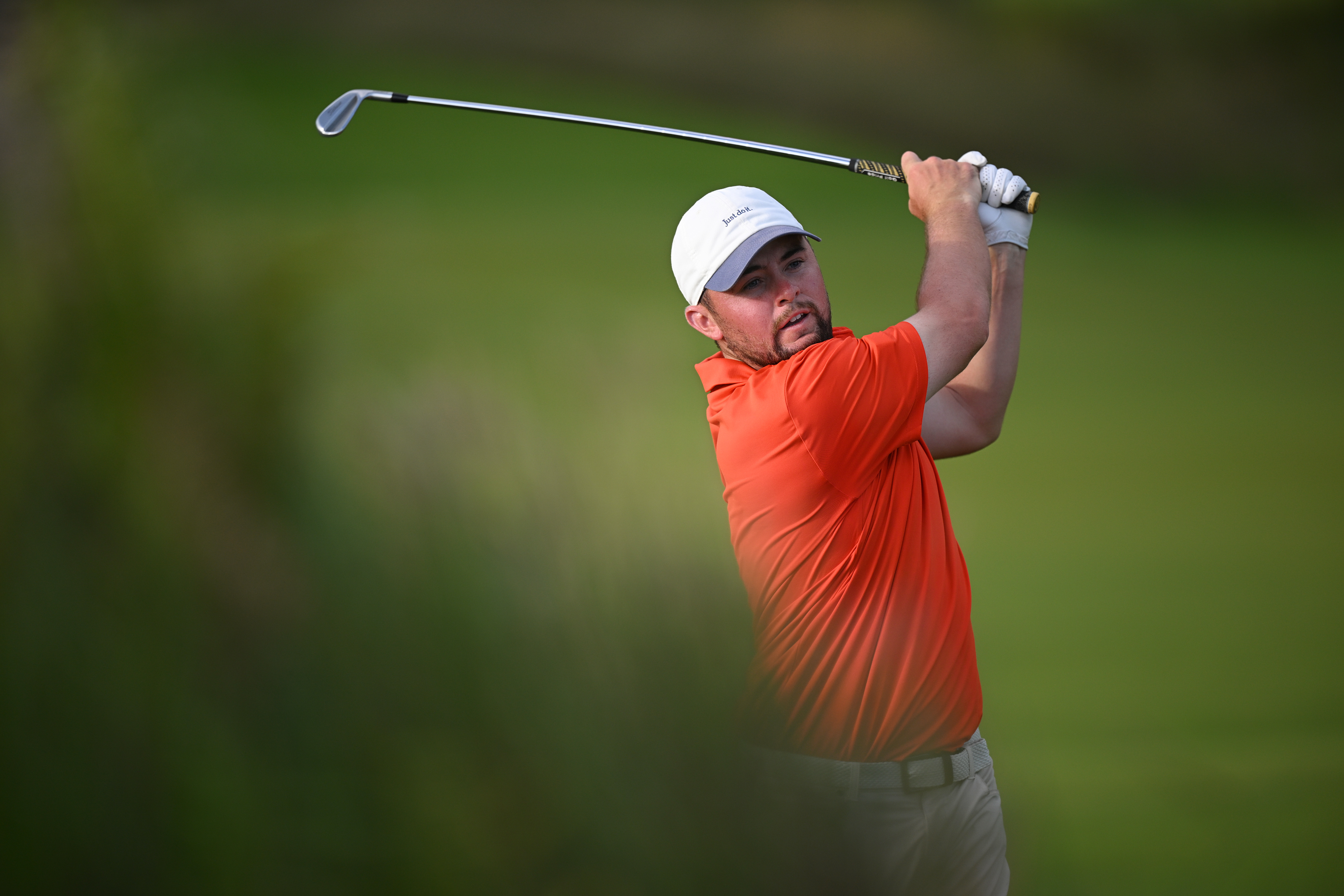 Alex Fitzpatrick plays his second shot on the ninth hole on day one of the AfrAsia Bank Mauritius Open