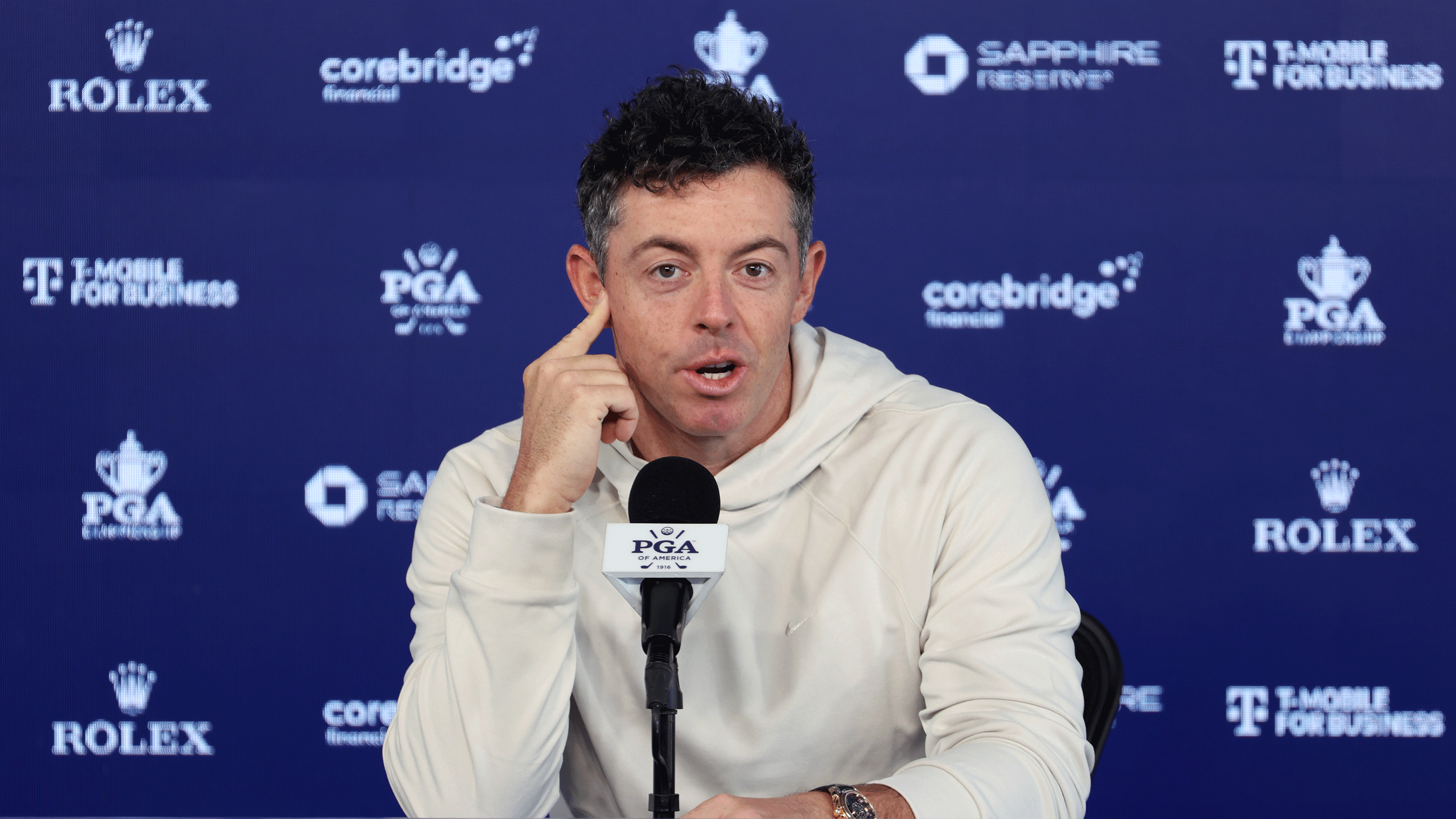 Rory McIlroy speaks during his pre-PGA Championship press conference at Aronimink
