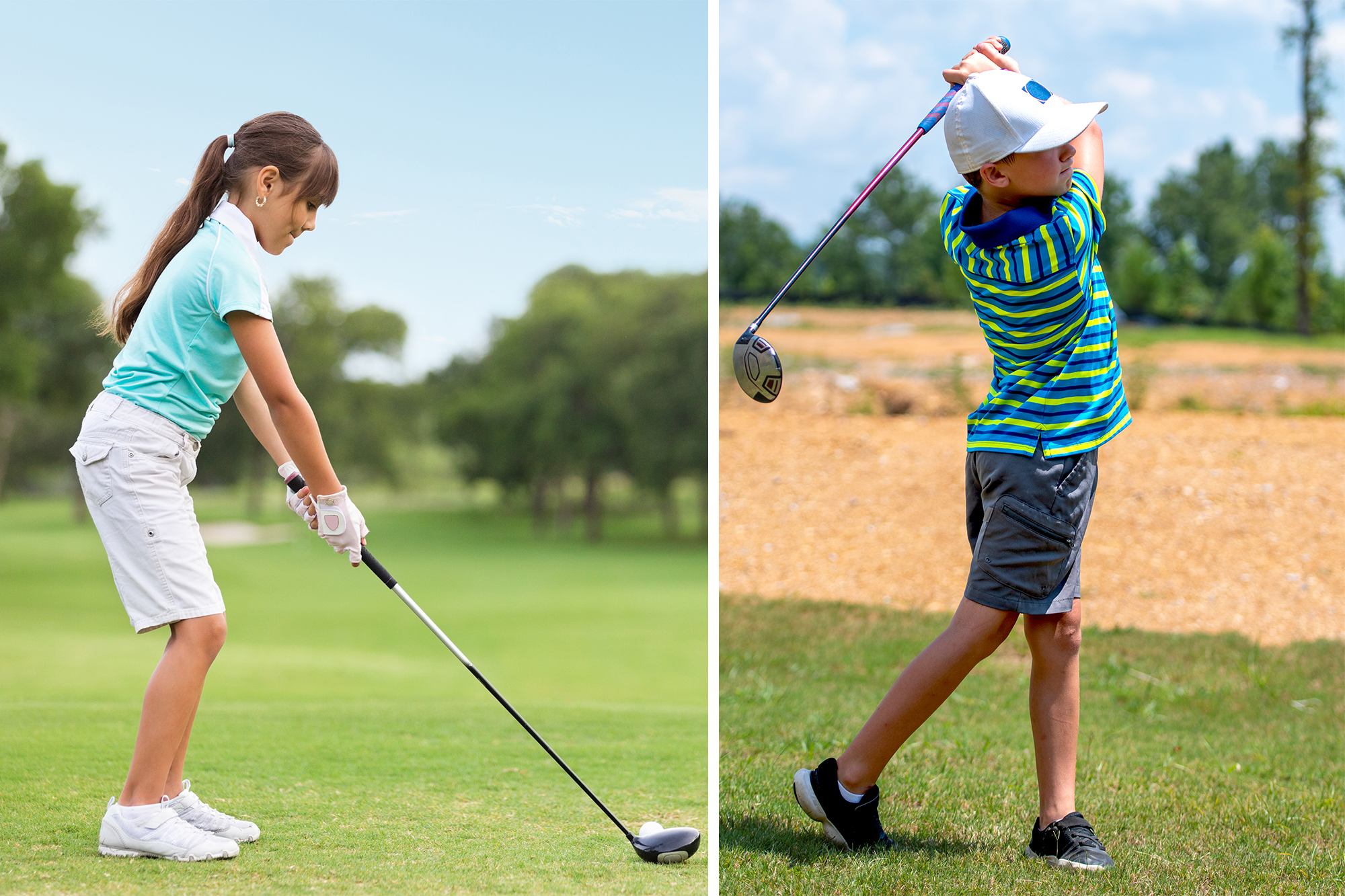 A female junior golfer in the address position with driver and a male junior golfer in the finish position with driver